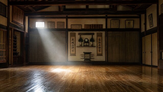 Interior of a traditional dojo with polished floors and a beam of sunlight illuminating dust.