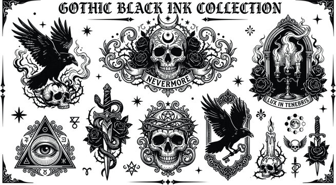 Dark fantasy engraving illustration set ornate human skull structures occult daggers burning candles and all seeing eye triangle