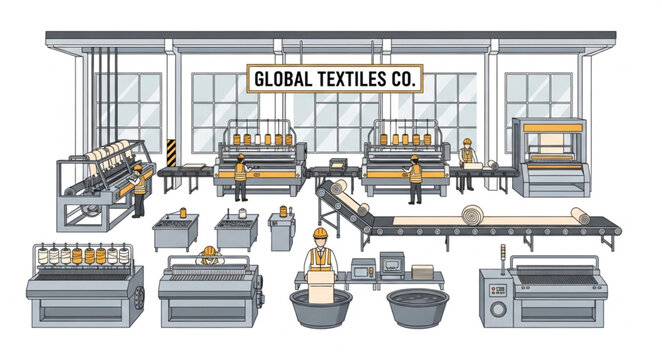 Global Textiles Co. Factory Production Line Illustration.
