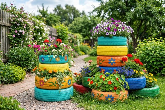 Creative garden decoration using stacked upcycled car tires painted with floral patterns