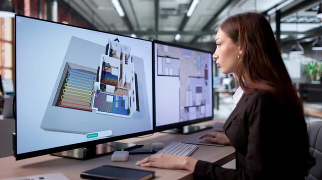 Young Female Engineer Analyzes HVAC System Design