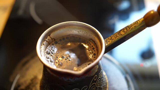 Brewed coffee in a decorative pot, bubbles forming on the surface