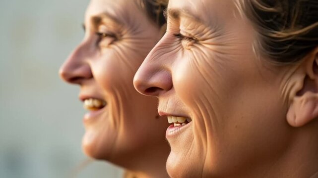 Close-up of Two Smiling Middle-Aged Women Side by Side.