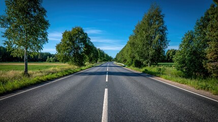 Fototapeta premium Empty Asphalt Highway Leading Through Lush Green Countryside Under a Bright Blue Sky