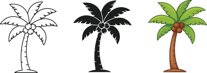 Diverse set of palm tree illustrations presented in outline silhouette and vibrant cartoon styles suitable for tropical themes and summer travel concepts © Zohaib