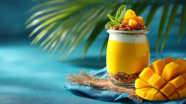 Healthy mango yogurt parfait with granola and mint garnish in glass jar on tropical blue background