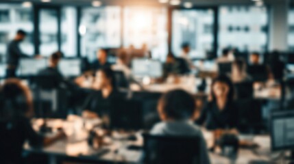 Fototapeta premium Blurred Busy Office Environment with Employees Working at Desks and Computers