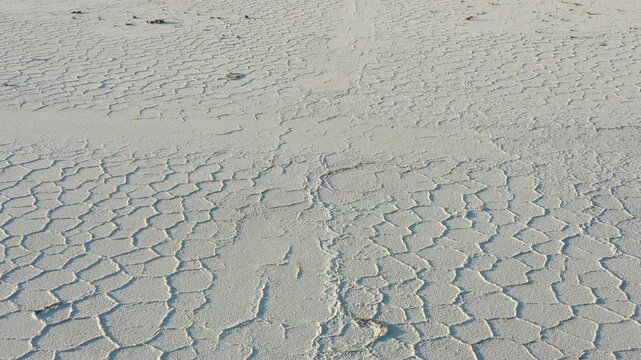 Aerial view of the vast salt crust with hexagonal patterns in the Danakil Desert Dalol, Afar, Ethiopia.