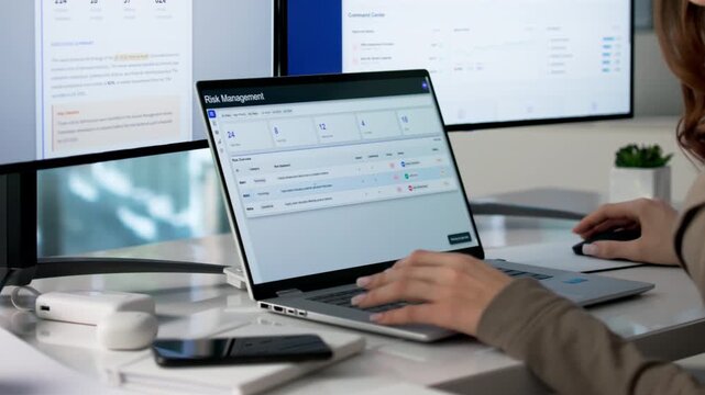 Risk Manager Carefully Analyzes Data On Laptop