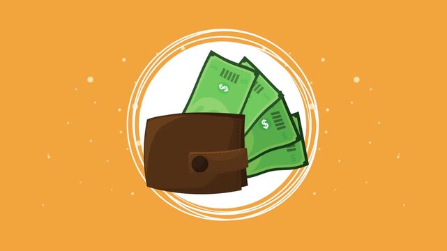 Animated wallet with green dollar banknotes popping up on orange background with white circular motion design.