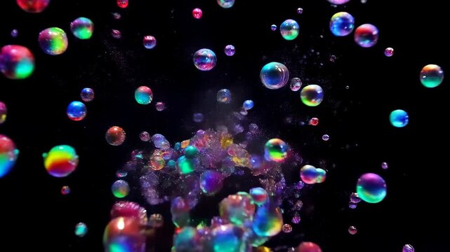 Floating colorful rainbow iridescent soap bubbles drifting and colliding against a dark black background in a slow motion video