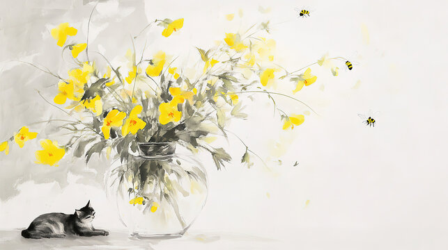 Chinese ink yellow wild flowers in glass vase bees hovering cat sleeping light gray minimalist blank space ingenious large empty paper high res detailed