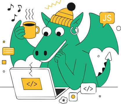 Fun, colorful dragon coding character, JavaScript developer illustration, tech cartoon, programming concept