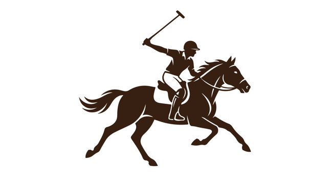 Silhouette of a polo player riding a horse and swinging a mallet against a white background.