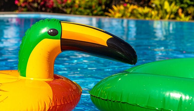 Vibrant toucan shaped inflatable pool float and green float bobbing on sparkling blue water on a sunny summer day