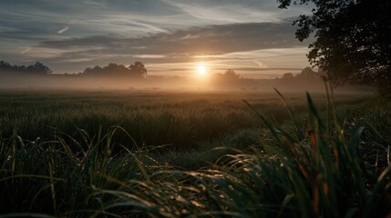 Fototapeta premium Misty morning sunrise over a lush green field with silhouetted trees and soft golden light