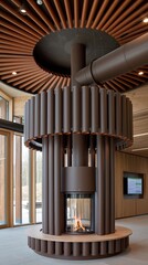 Fototapeta premium Modern Circular Fireplace with Industrial Design and Wood Accents in Contemporary Interior Space