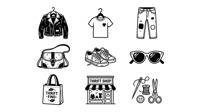 Modern vector icons for sustainable fashion and pre-loved clothing. Includes jacket, t-shirt, jeans, accessories, thrift shop, and sewing essentials for eco-friendly themes
