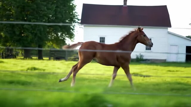 Brown foal running in a grassy field, near a white building