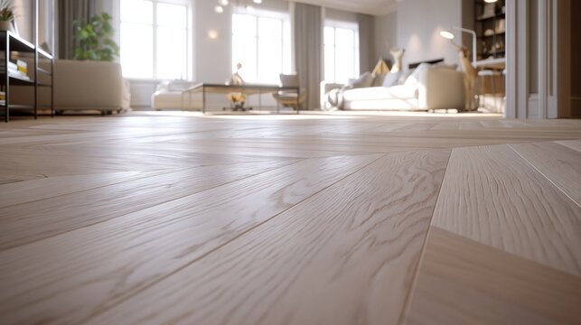Close-up view of bright, modern light wood plank flooring in a sunlit, minimalist living room interior