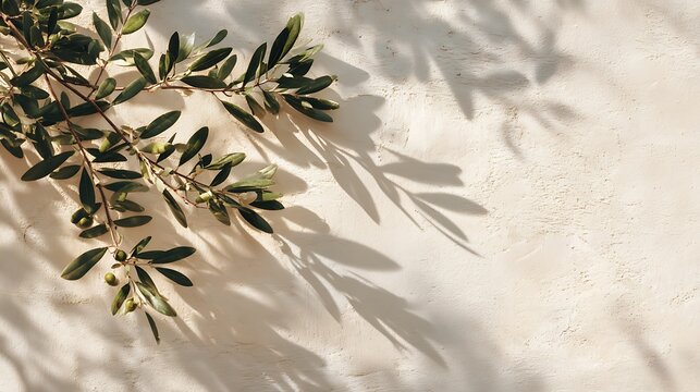 Olive tree branch with leaves and olives casting shadows on a beige wall