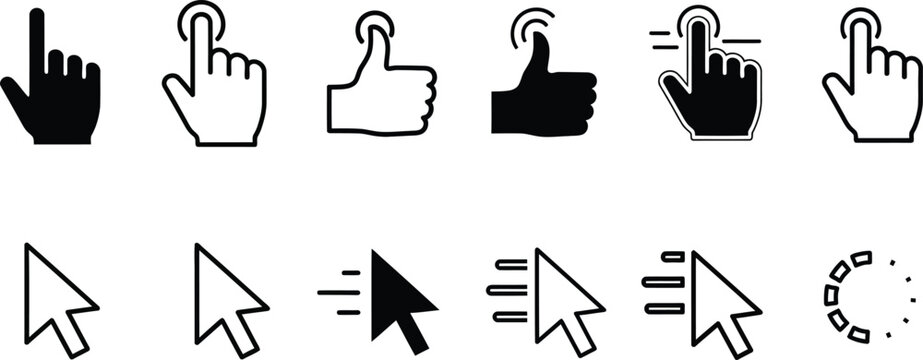 Computer cursor and hand icons for user interface design and interaction