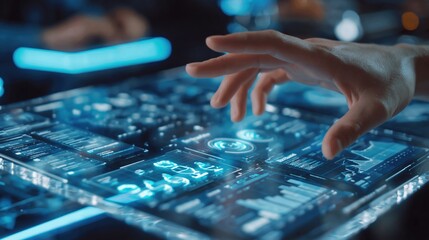 Fototapeta premium Hand interacting with a futuristic holographic display showing complex data and analytics