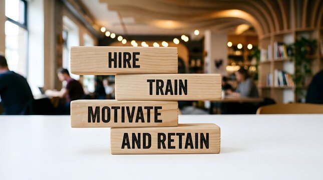 Wooden blocks stacked with the words hire, train, motivate and retain in a blurred office setting