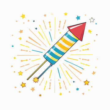 Cartoon Firework Rocket Exploding with Stars and Light Rays