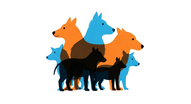 Group of stylized dogs in silhouette and vibrant colors.