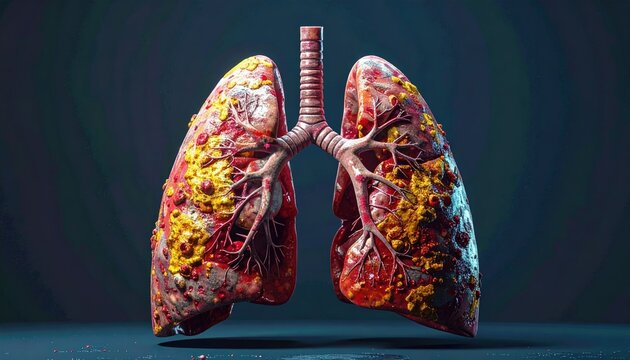 Medical illustration of human lungs showing respiratory system and detailed anatomy