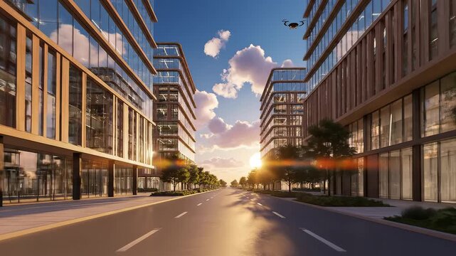 Modern urban street with glass buildings for creative digital media and visual arts