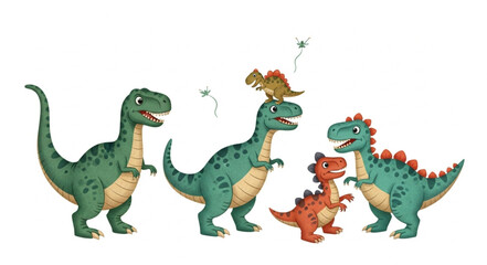 Group of cartoon dinosaurs standing together illustration. © Michele