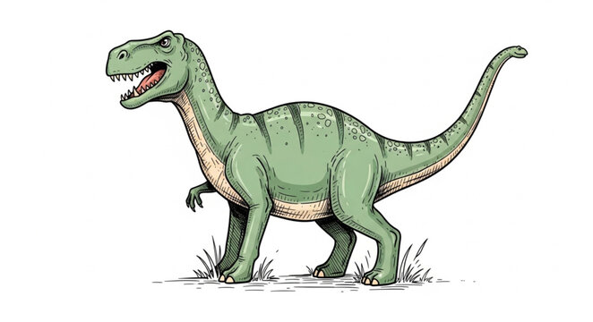 Green Tyrannosaurus Rex Dinosaur Illustration Standing on Grass.