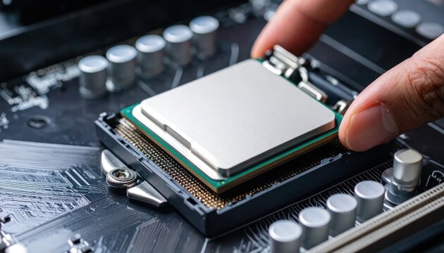 Close Up Computer Processor Being Installed on Motherboard