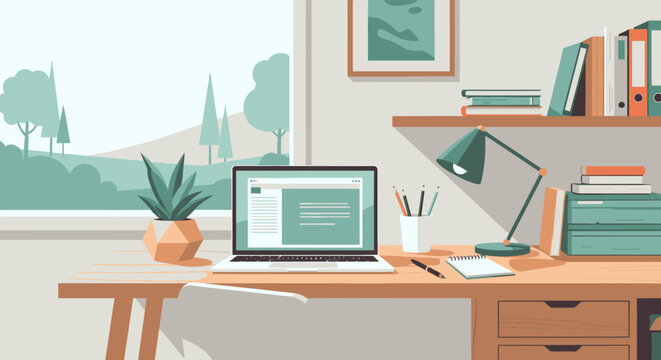 Modern home office workspace with a laptop on a wooden desk, featuring a clean, organized setup for remote work, study, and creative productivity.