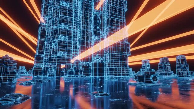 Futuristic cityscape with glowing lines ideal for sleek commercial backgrounds and title sequences