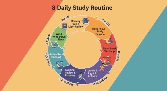 Infographic showing an 8-step daily study routine organized in a circular flow chart with icons and times