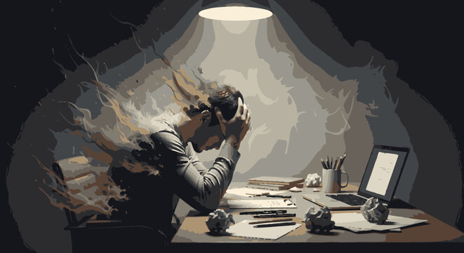 Artist or writer suffering from creative block, hands on head, surrounded by crumpled paper and smoke