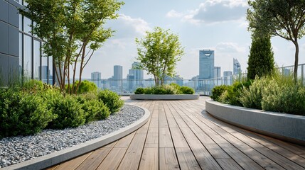 Naklejka premium Modern Rooftop Garden with City Skyline View, Urban Oasis with Lush Greenery and Wooden Deck