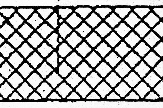 Analog paper pattern overlay with printed ink lattice, distressed scan texture and industrial screenprint structure, isolated on transparent background.