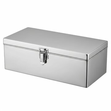 Polished silver metal box with security latch isolated on white background for storage use.