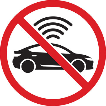 Prohibited autonomous driving sign, no self driving car allowed icon, restricted wireless vehicle signal symbol, red prohibition circle vector