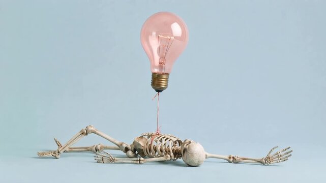 Conceptual idea of a dead end or failed inspiration represented by a skeleton and light bulb. A skeletal figure lies on a plain background with a lit light bulb suspended above it