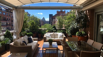 Naklejka premium Luxurious Urban Terrace Oasis with Comfortable Seating and Lush Greenery Overlooking Cityscape