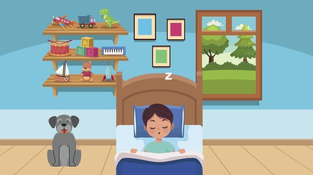 Boy sleeps in bed with dog in room decorated with toys and window showing outdoor scenery.