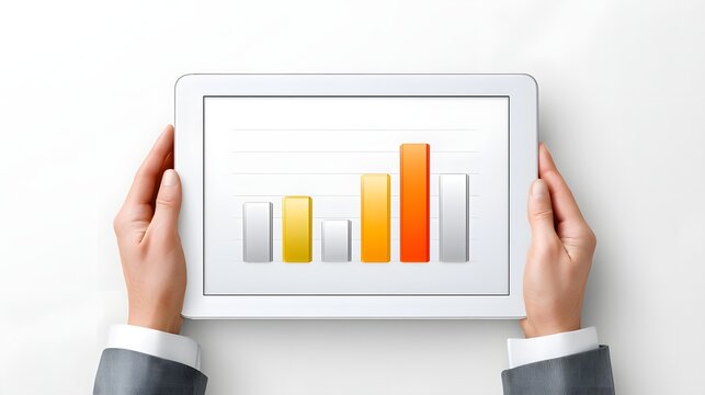 A pair of hands holding a tablet displaying a graph that shows the correlation between interest rates and investment performance, set against a clean background with ample copy space.