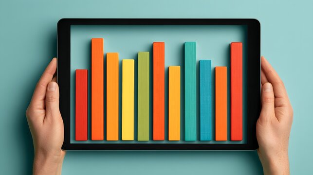 A pair of hands holding a tablet displaying a graph that shows the correlation between interest rates and investment performance, set against a clean background with ample copy space.