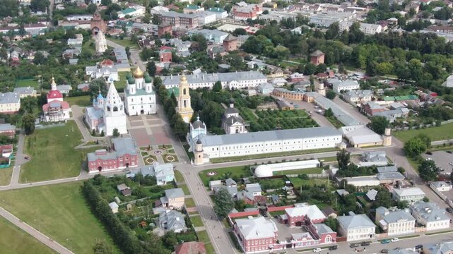 Drone flying backward above historic Kolomna