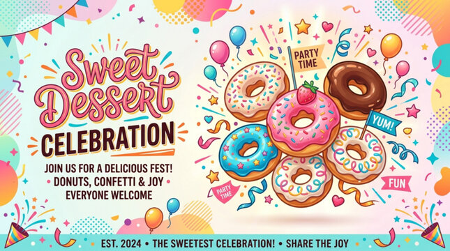 Colorful donuts with sprinkles and confetti celebrate a sweet dessert festival in a vibrant party atmosphere